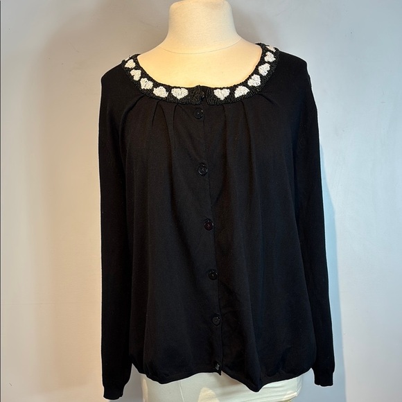 Marina Rinaldi black beaded heart cardigan sweater size large - Picture 3 of 11